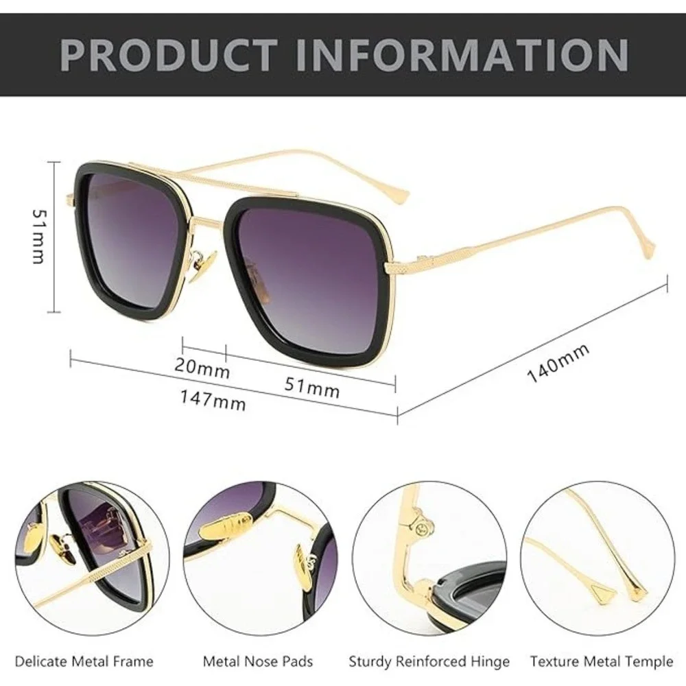 Square Sunglasses Black Gold Frame Stylish Fashion‎ Eyewear Elegant Lents Gafas